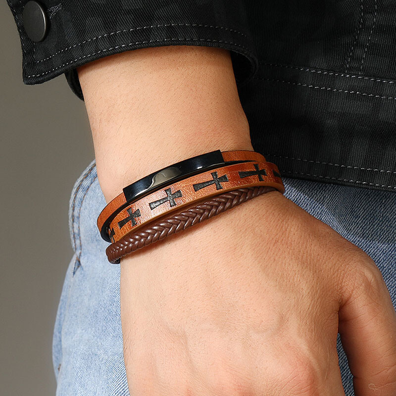 Brățări înfășurate din piele împletită cu mai multe straturi pentru bărbați Brățări din piele cu farmec cu cruce de Iisus Hristos, bijuterii cu închidere magnetică