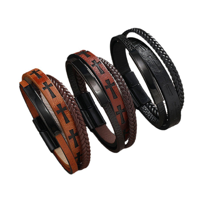 Brățări înfășurate din piele împletită cu mai multe straturi pentru bărbați Brățări din piele cu farmec cu cruce de Iisus Hristos, bijuterii cu închidere magnetică