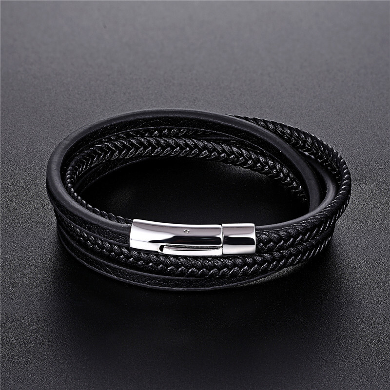 Mode Augstas kvalitātes nerūsējošā tērauda ādas virves izdzīvošanas rokassprādze vīriešiem sievietēm, melna pinuma daudzslāņu aptinums šarmu rokassprādzes homme