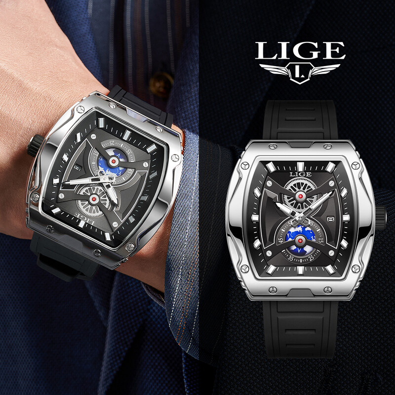 Ceasuri de bărbați de top brand LIGE Ceas de mână cu quartz pătrat de lux Ceas luminos impermeabil pentru bărbați Ceas cu dată Relogios Masculino+Box