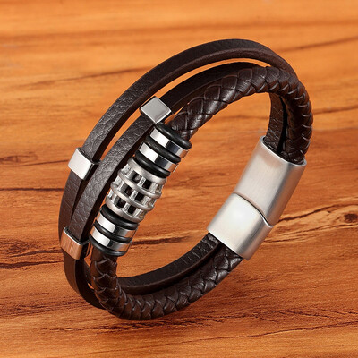 XQNI Stilul Punk Personalitate Bărbați Bijuterii Brățară din piele naturală Culoare neagră/maro Accesorii multistrat din oțel inoxidabil Cadou