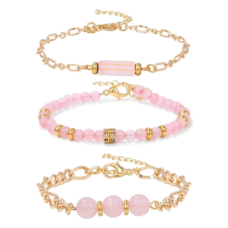 3 Ķēdes Dabīgais Akmens Kvarci Pērlītes Rokassprādzes Ametisti Aventurīns Lapis Lazuli Zelta Krāsa Ķēdes Saites Rokassprādzes Komplekts Sievietēm Vīriešiem