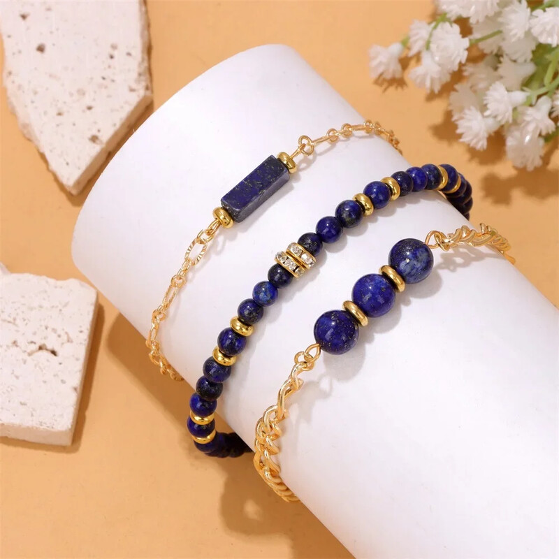 3 Ķēdes Dabīgais Akmens Kvarci Pērlītes Rokassprādzes Ametisti Aventurīns Lapis Lazuli Zelta Krāsa Ķēdes Saites Rokassprādzes Komplekts Sievietēm Vīriešiem