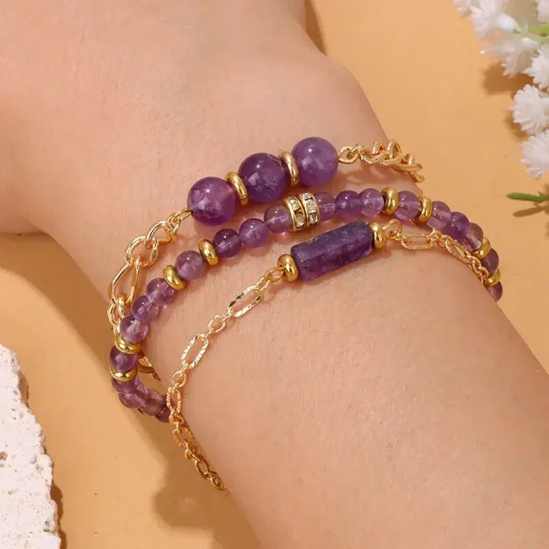 3 Ķēdes Dabīgais Akmens Kvarci Pērlītes Rokassprādzes Ametisti Aventurīns Lapis Lazuli Zelta Krāsa Ķēdes Saites Rokassprādzes Komplekts Sievietēm Vīriešiem