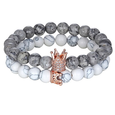 XQNI 2 buc/set Rege Coroana cupluri distanță brățară piatră naturală brățară cu margele pentru bărbați femei prieten cadou farmec bijuterii șuvițe