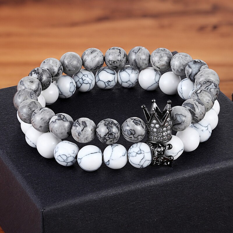 XQNI 2 buc/set Rege Coroana cupluri distanță brățară piatră naturală brățară cu margele pentru bărbați femei prieten cadou farmec bijuterii șuvițe