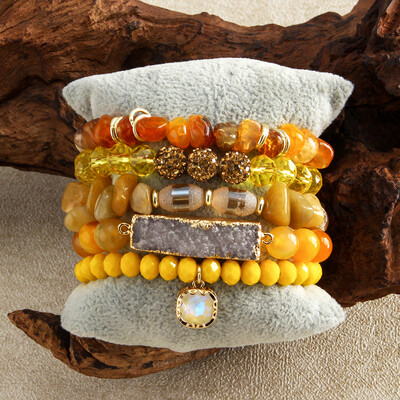 RH New Bohemian Women Temperment 5 buc CZ Piatra naturala margele de sticla druzy Brățară elastică set de brățări inimă valentine imperială