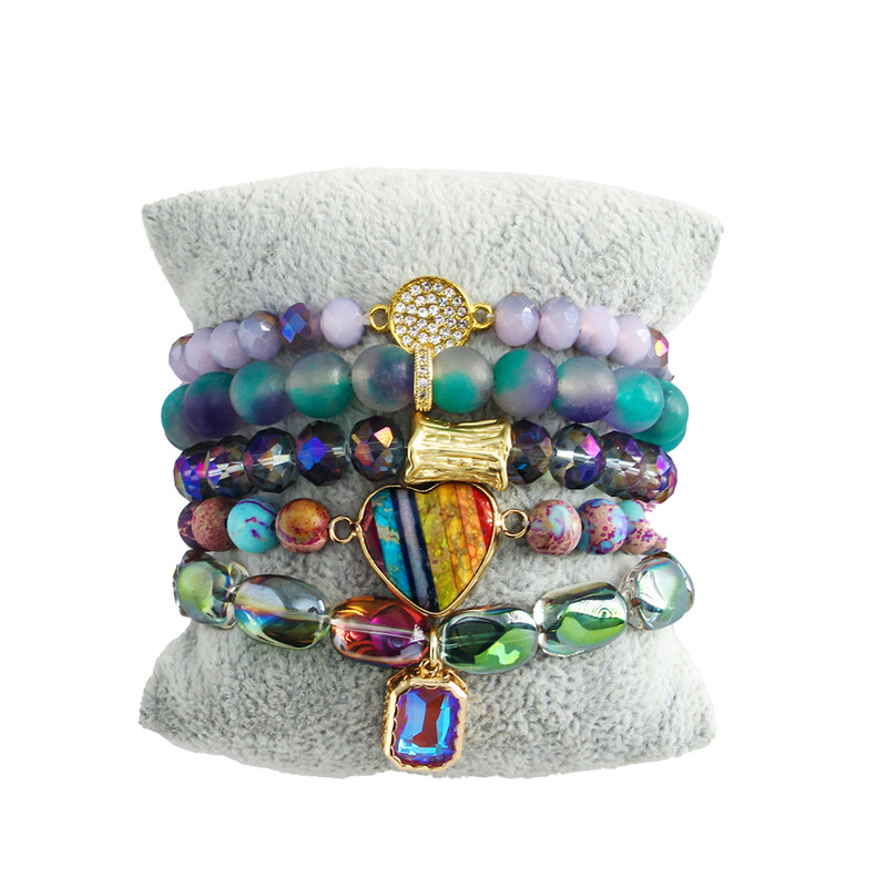 RH New Bohemian Women Temperment 5 buc CZ Piatra naturala margele de sticla druzy Brățară elastică set de brățări inimă valentine imperială