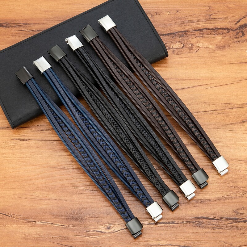 XQNI modernas daudzslāņu vīriešu rokassprādzes, ādas ar rokām austi aksesuāri, nerūsējošā tērauda magnētiskā aizdare Rokassprādzes rotaslietu vairumtirdzniecība