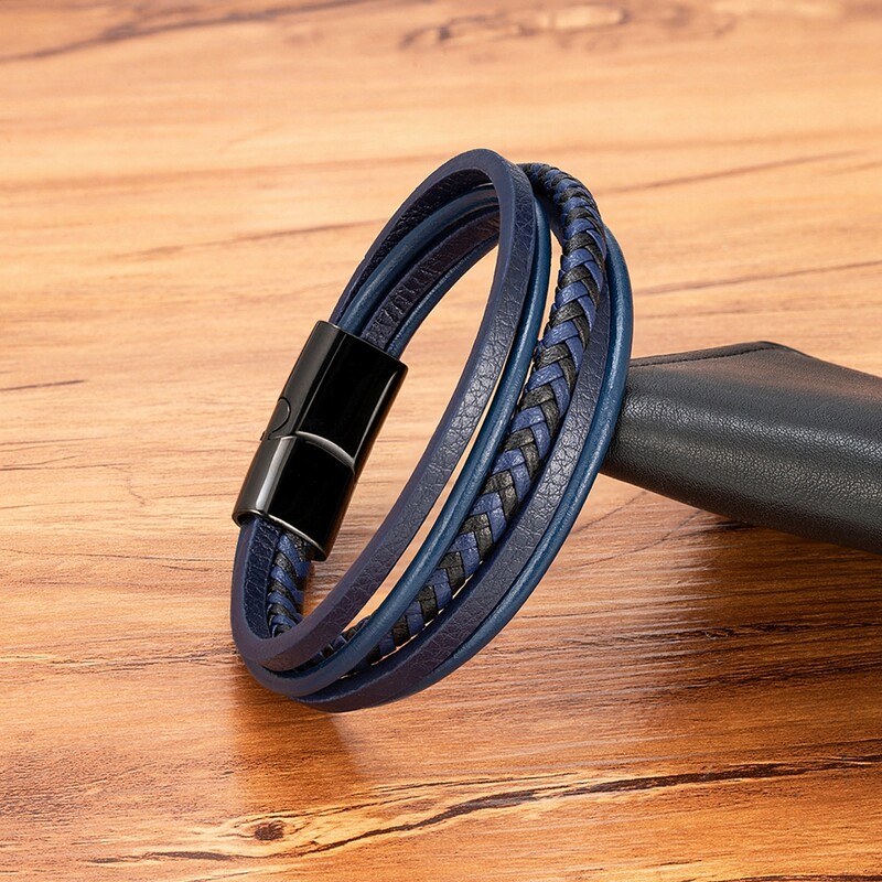 XQNI modernas daudzslāņu vīriešu rokassprādzes, ādas ar rokām austi aksesuāri, nerūsējošā tērauda magnētiskā aizdare Rokassprādzes rotaslietu vairumtirdzniecība