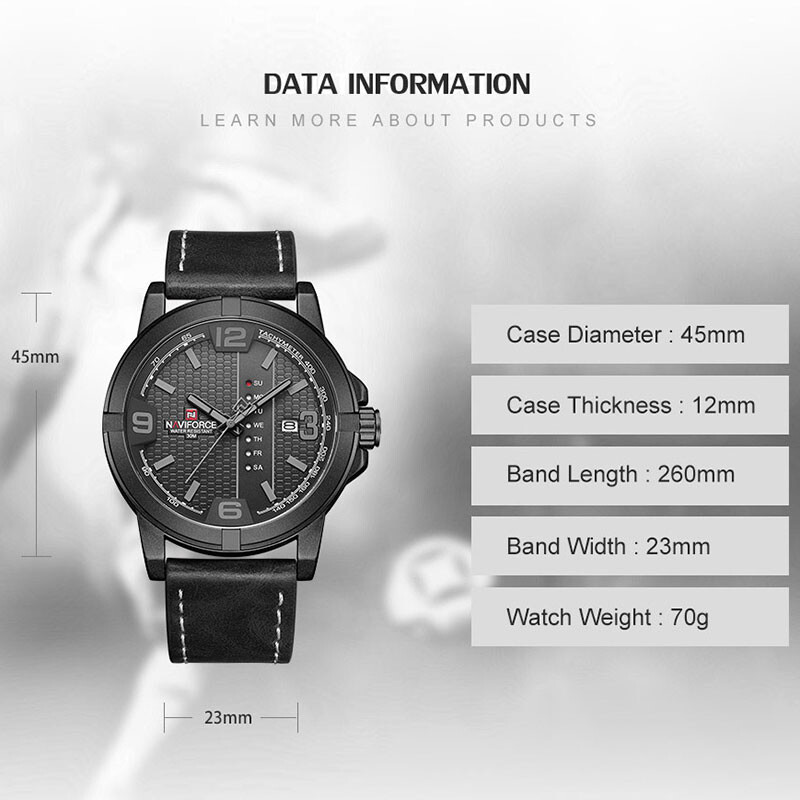 NAVIFORCE Ležerni muški satovi s kožnim remenom Vojni sportski Vodootporni muški ručni sat Kvarcni kalendar Muški sat Relogio Masculino