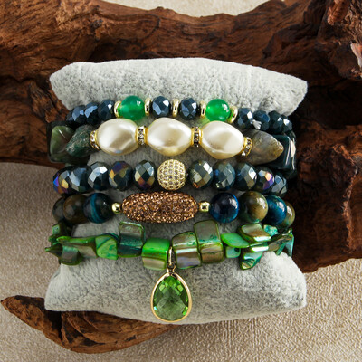 Bohēmijas rotaslietas Valentīna dāvana 5gab. Stack Rokassprādzes Komplekts Dabīgais akmens Stikla pērle Pērlītēm zila tīģera acs sirds Elastīga rokassprādze