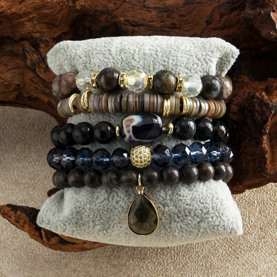 Bohēmijas rotaslietas Valentīna dāvana 5gab. Stack Rokassprādzes Komplekts Dabīgais akmens Stikla pērle Pērlītēm zila tīģera acs sirds Elastīga rokassprādze