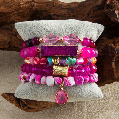 Bohēmijas rotaslietas Valentīna dāvana 5gab. Stack Rokassprādzes Komplekts Dabīgais akmens Stikla pērle Pērlītēm zila tīģera acs sirds Elastīga rokassprādze