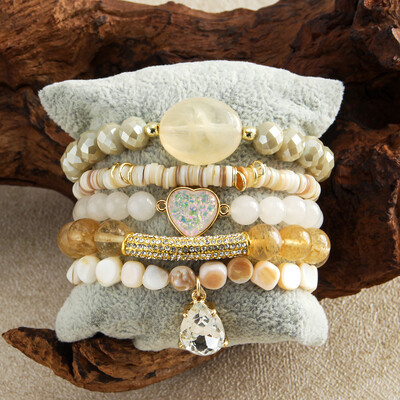 Bohēmijas rotaslietas Valentīna dāvana 5gab. Stack Rokassprādzes Komplekts Dabīgais akmens Stikla pērle Pērlītēm zila tīģera acs sirds Elastīga rokassprādze