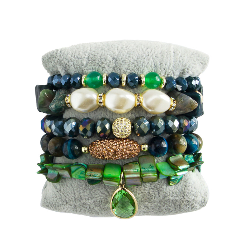 Bohēmijas rotaslietas Valentīna dāvana 5gab. Stack Rokassprādzes Komplekts Dabīgais akmens Stikla pērle Pērlītēm zila tīģera acs sirds Elastīga rokassprādze