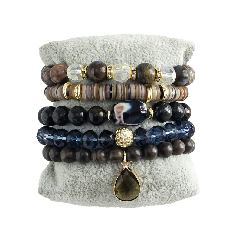 Bohēmijas rotaslietas Valentīna dāvana 5gab. Stack Rokassprādzes Komplekts Dabīgais akmens Stikla pērle Pērlītēm zila tīģera acs sirds Elastīga rokassprādze