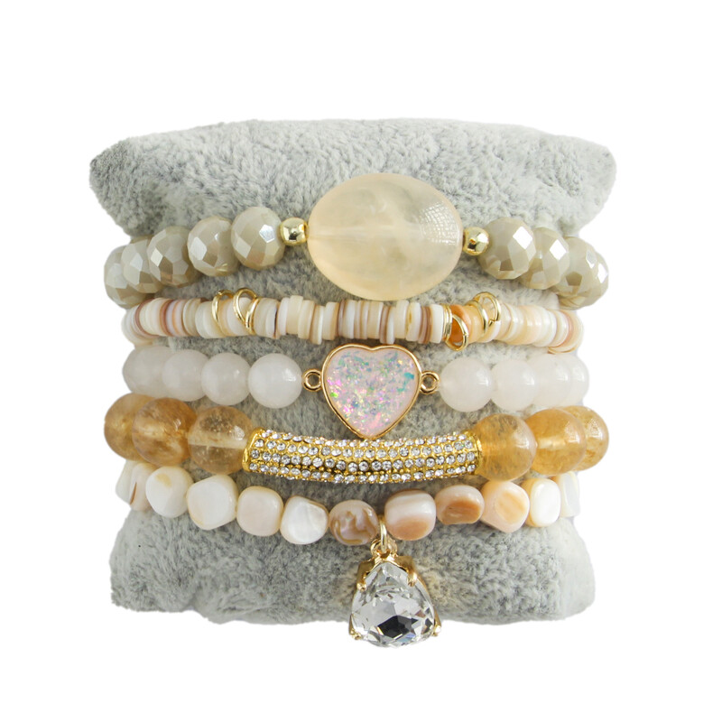 Bohēmijas rotaslietas Valentīna dāvana 5gab. Stack Rokassprādzes Komplekts Dabīgais akmens Stikla pērle Pērlītēm zila tīģera acs sirds Elastīga rokassprādze