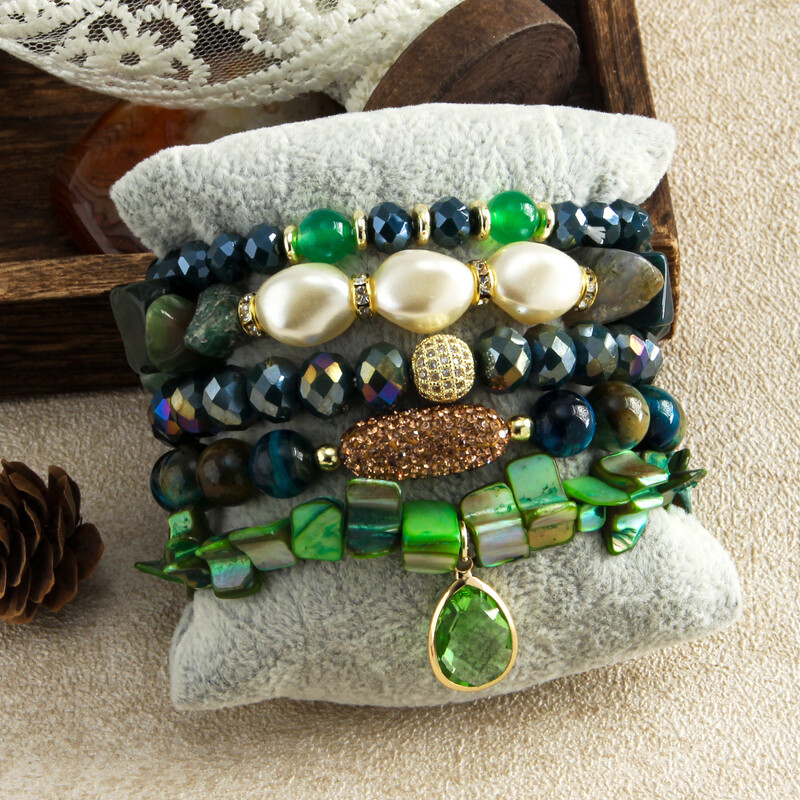 Bohēmijas rotaslietas Valentīna dāvana 5gab. Stack Rokassprādzes Komplekts Dabīgais akmens Stikla pērle Pērlītēm zila tīģera acs sirds Elastīga rokassprādze