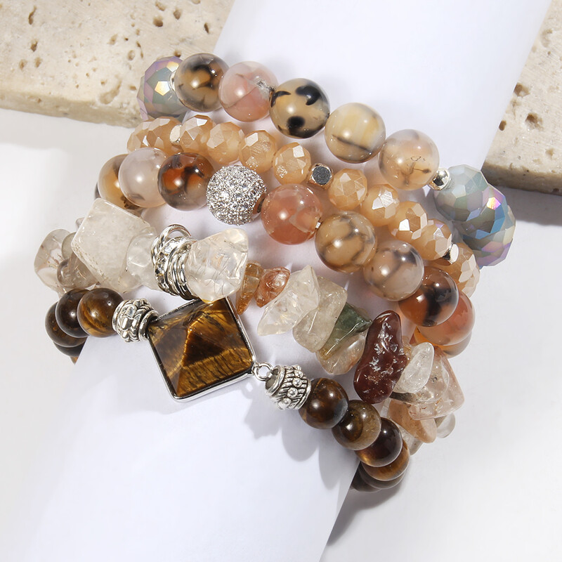 Primăvară/vară, noua modă, proaspătă bijuterii boeme pentru femei, 5 buc. set de brățări elastice cu mărgele din sticlă din piatră naturală