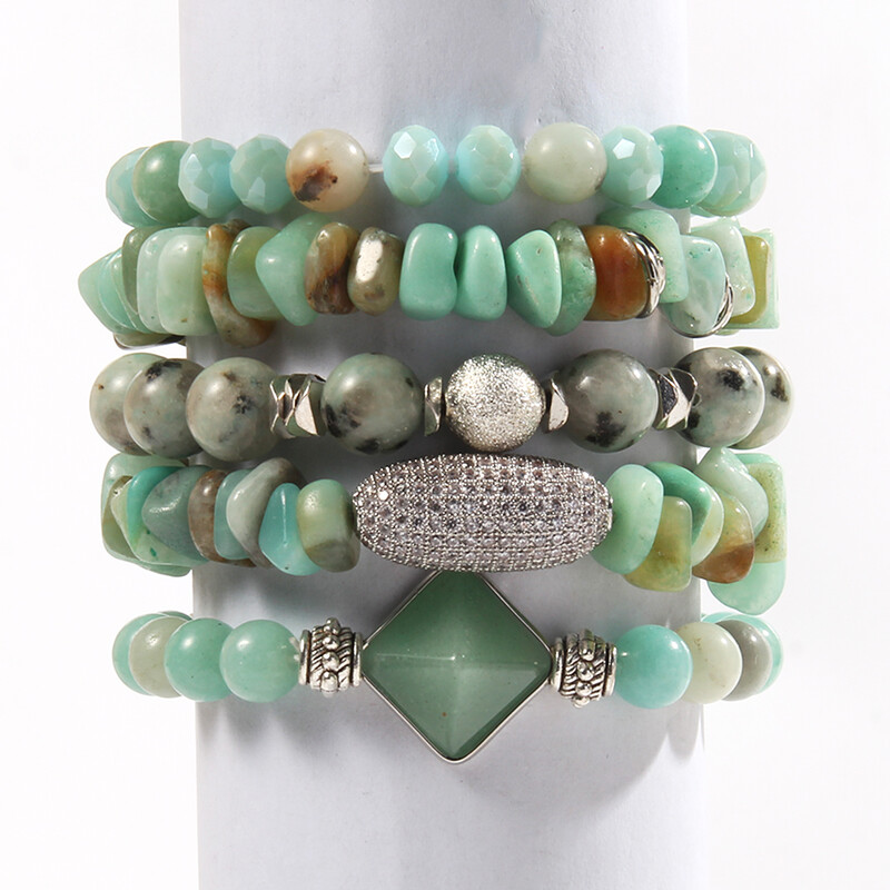 Primăvară/vară, noua modă, proaspătă bijuterii boeme pentru femei, 5 buc. set de brățări elastice cu mărgele din sticlă din piatră naturală