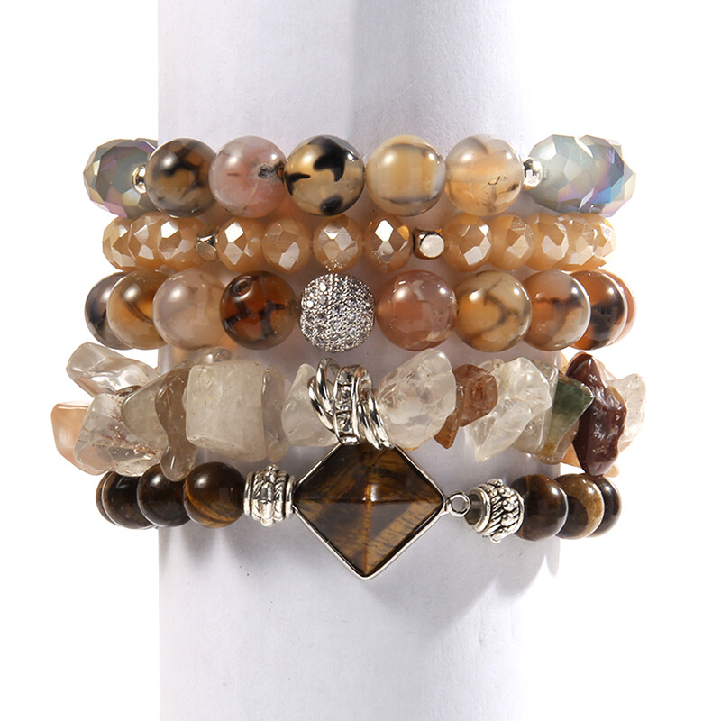 Primăvară/vară, noua modă, proaspătă bijuterii boeme pentru femei, 5 buc. set de brățări elastice cu mărgele din sticlă din piatră naturală