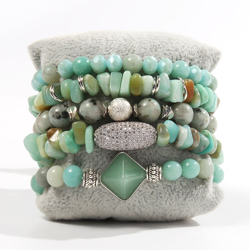 Primăvară/vară, noua modă, proaspătă bijuterii boeme pentru femei, 5 buc. set de brățări elastice cu mărgele din sticlă din piatră naturală