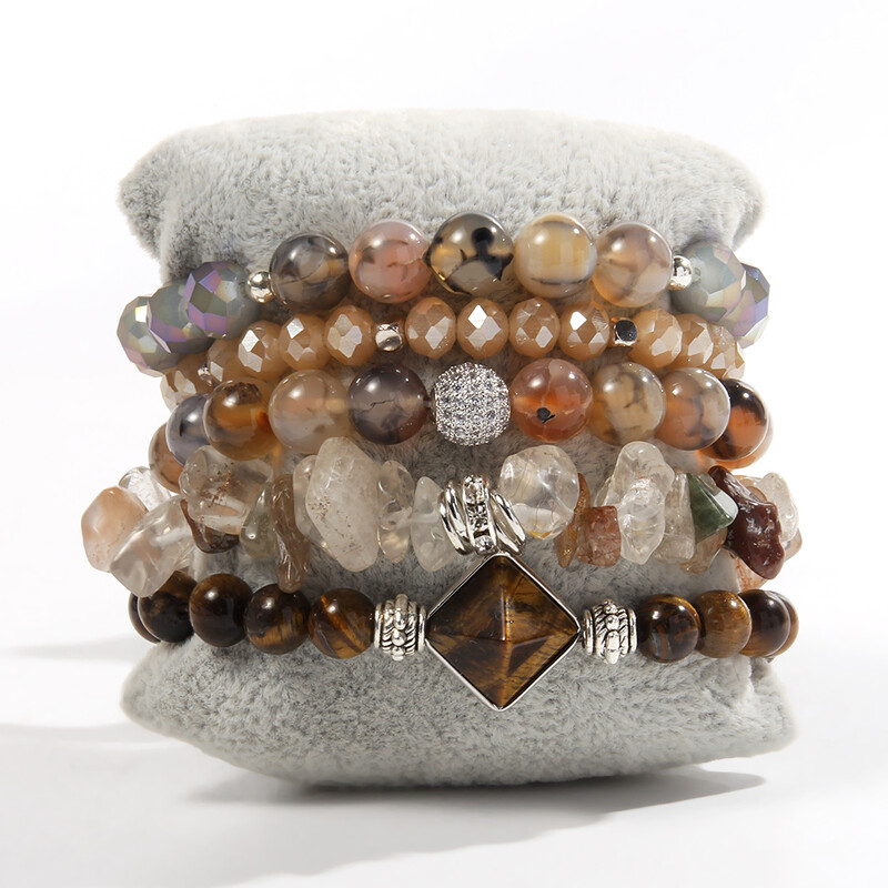 Primăvară/vară, noua modă, proaspătă bijuterii boeme pentru femei, 5 buc. set de brățări elastice cu mărgele din sticlă din piatră naturală