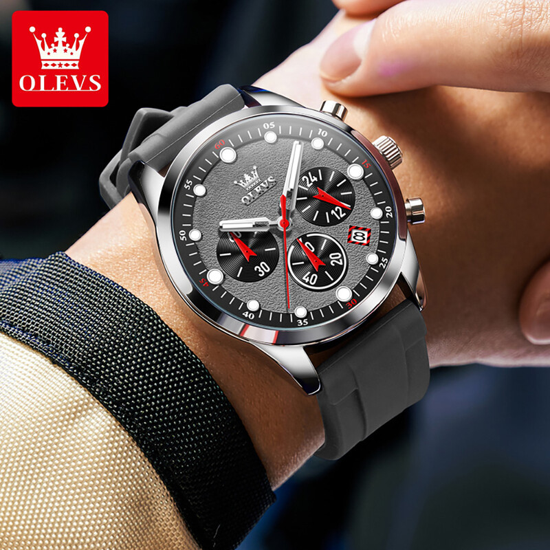 OLEVS Ceas pentru bărbați cu curea din silicon de lux, cu cronograf, dată, impermeabil, luminos, multifuncțional, sport, cu quartz, pentru bărbați