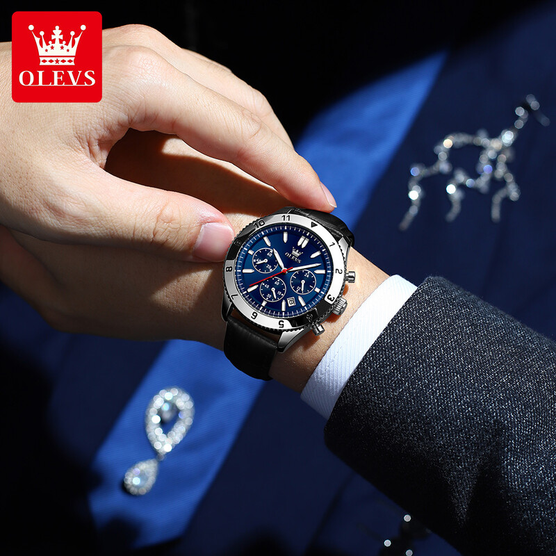 Ceas de cuarț OLEVS original pentru bărbați, curea din piele, cronograf, calendar, rezistent la apă, luminoase, ceasuri de mână pentru bărbați Relógio Masculino