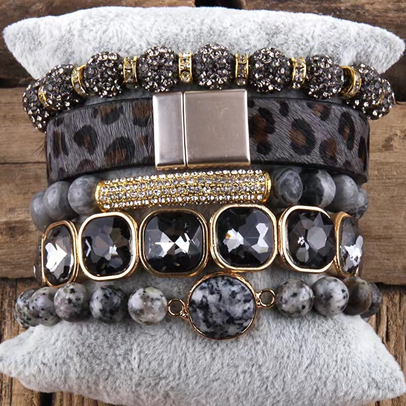 Set de brățări din piele de leopard RH Fashion 5 buc. Seturi de brățări pentru femei din piatră naturală lucrate manual pentru femei, bijuterii DropShipping