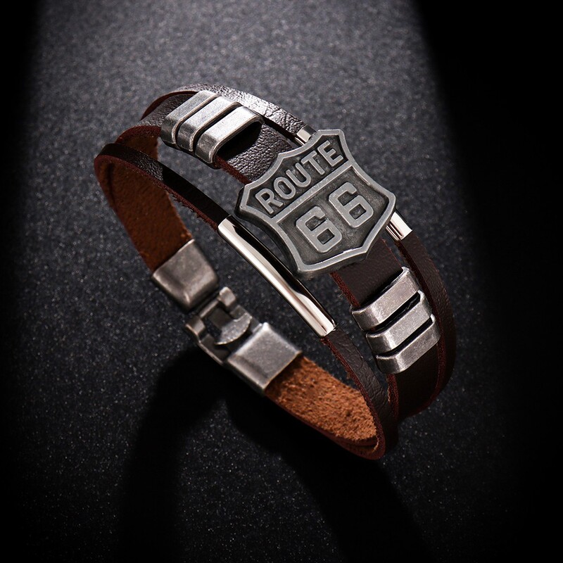Jauna, moderna American Route 66 apdrukāta raksta rokassprādze Vīriešu rokassprādze Metāla daudzslāņu ādas aproce Aksesuāri ballīšu rotaslietas