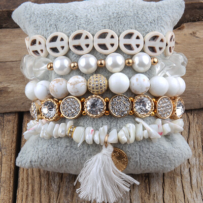 Set de bijuterii Boho de modă Negru 5 buc. Seturi de brățări stiva de piatră naturală neagră pentru femei Bijuterii boeme Cadou Prieteni Ziua de naștere