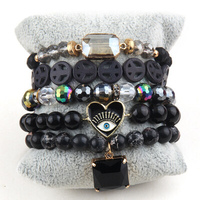 Set de bijuterii Boho de modă Negru 5 buc. Seturi de brățări stiva de piatră naturală neagră pentru femei Bijuterii boeme Cadou Prieteni Ziua de naștere