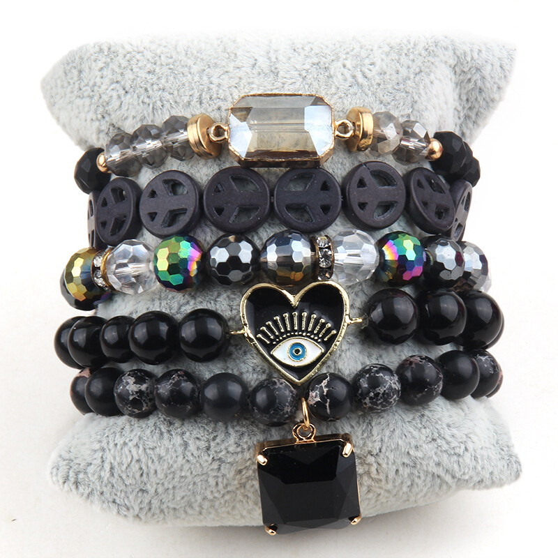 Set de bijuterii Boho de modă Negru 5 buc. Seturi de brățări stiva de piatră naturală neagră pentru femei Bijuterii boeme Cadou Prieteni Ziua de naștere