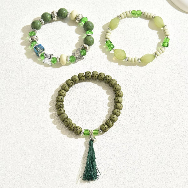 3 KOM Zelene elastične narukvice s akrilnim perlama za žene Set narukvica s ljupkim leptirom s kićankama