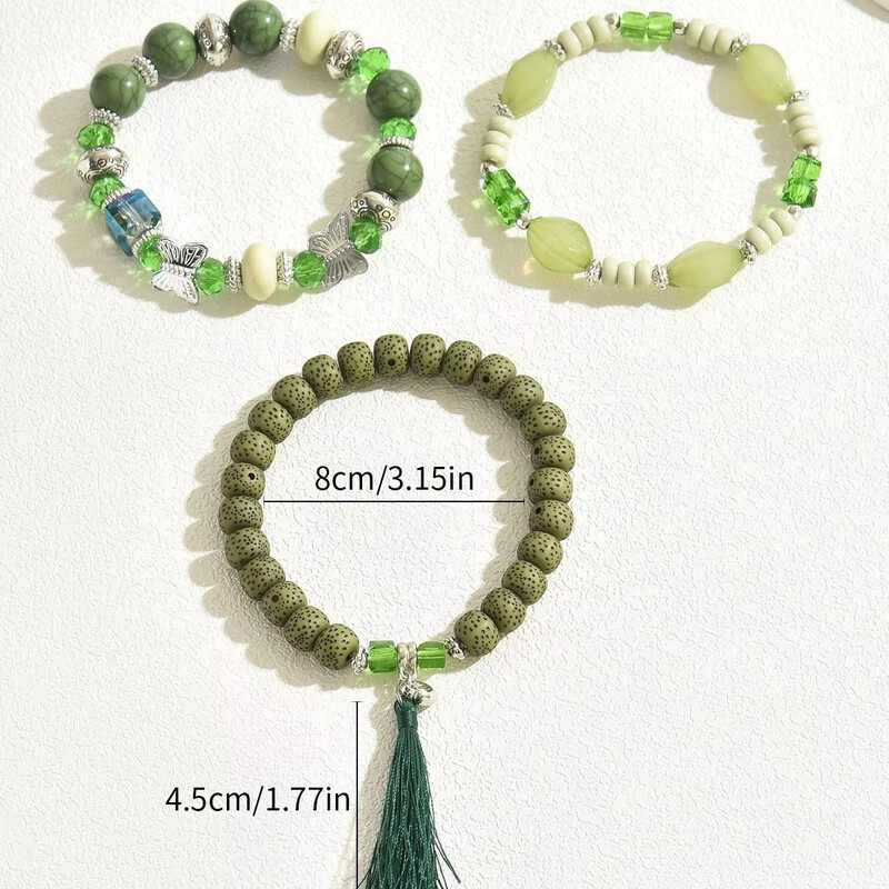 3 KOM Zelene elastične narukvice s akrilnim perlama za žene Set narukvica s ljupkim leptirom s kićankama