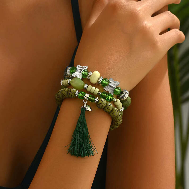 3 KOM Zelene elastične narukvice s akrilnim perlama za žene Set narukvica s ljupkim leptirom s kićankama