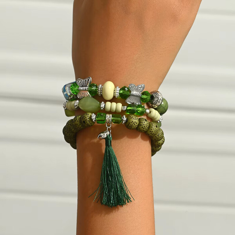 3 KOM Zelene elastične narukvice s akrilnim perlama za žene Set narukvica s ljupkim leptirom s kićankama