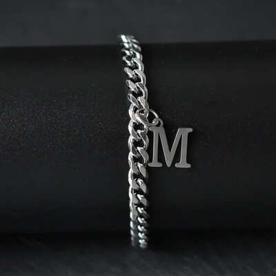 Гривни със сребърен цвят AZ инициал за мъже, жени, никога не избледняваща гривна от кубинска верига от неръждаема стомана с 26 буквена азбука