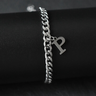 Гривни със сребърен цвят AZ инициал за мъже, жени, никога не избледняваща гривна от кубинска верига от неръждаема стомана с 26 буквена азбука