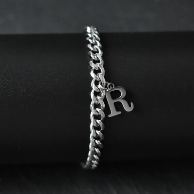 Гривни със сребърен цвят AZ инициал за мъже, жени, никога не избледняваща гривна от кубинска верига от неръждаема стомана с 26 буквена азбука