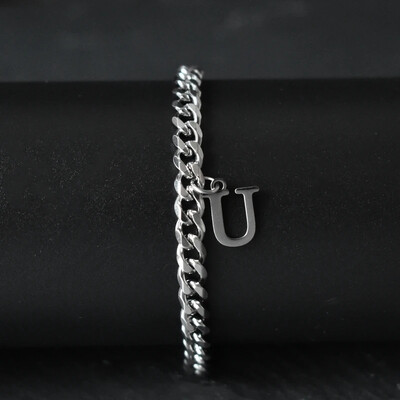 Гривни със сребърен цвят AZ инициал за мъже, жени, никога не избледняваща гривна от кубинска верига от неръждаема стомана с 26 буквена азбука