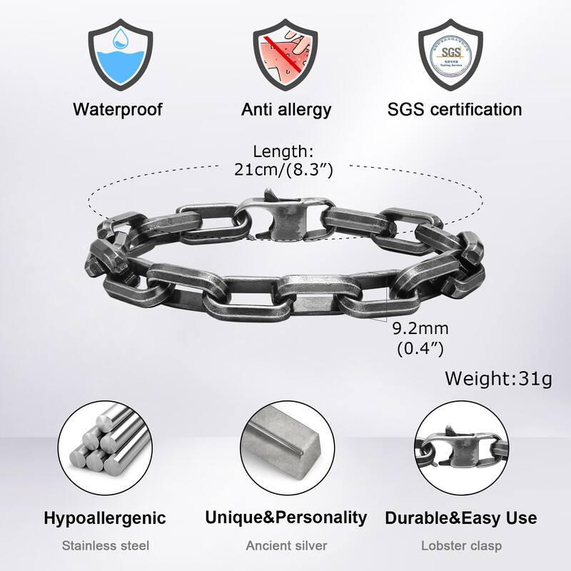 Vnox Punk Heavy taisnstūrveida ķēdes aproces vīriešiem, pusaudžiem, zēniem, vintage oksidētas saspraudes ķēdes aproce, kuplas rotaslietas