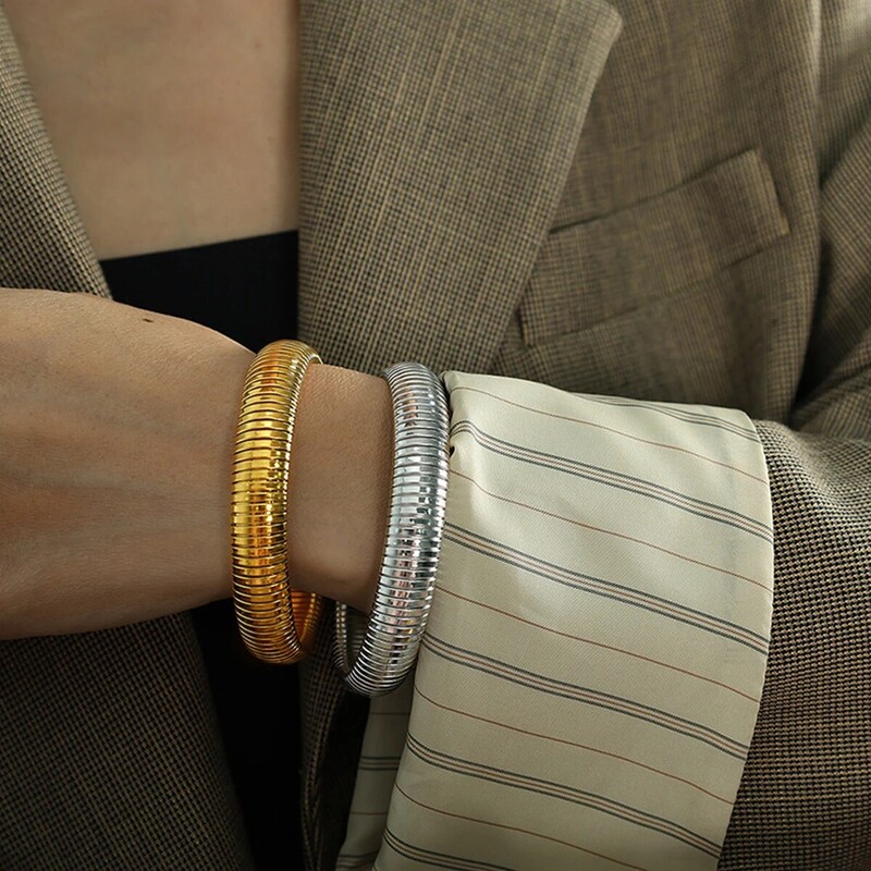 Brățară din oțel inoxidabil, rezistentă la apă, cu elasticitate retro, din metal gros, placată cu aur de 18K, bijuterii unisex, bărbați, femei.