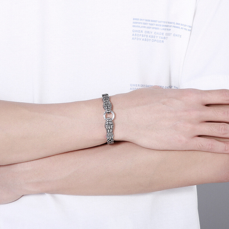 Brățară pentru bărbați cu cap dublu de șarpe din oțel inoxidabil Brățară cu șarpe dominator punk pentru cuplu de modă retro Brățară cadou de vacanță pentru bărbați