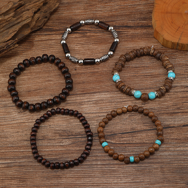 Brățară pentru bărbați Fashion Ethic Brățară din lemn de mărgele la modă Bijuterii cu mai multe straturi Lant cubanez împletit cu margele retro