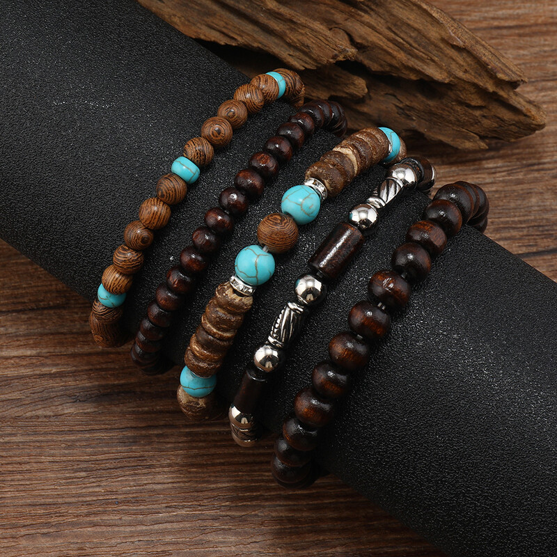 Brățară pentru bărbați Fashion Ethic Brățară din lemn de mărgele la modă Bijuterii cu mai multe straturi Lant cubanez împletit cu margele retro