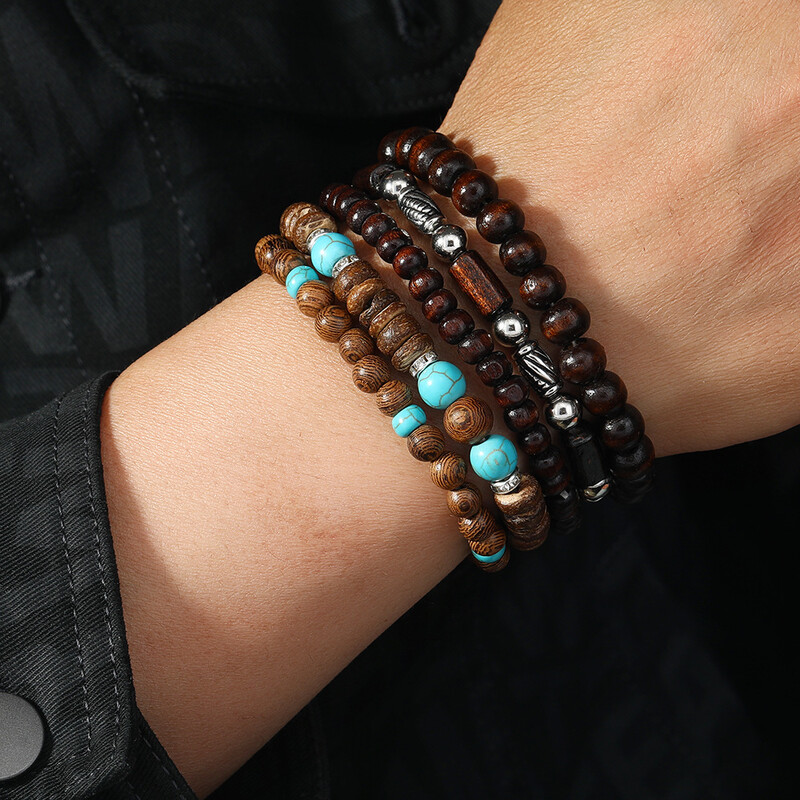 Brățară pentru bărbați Fashion Ethic Brățară din lemn de mărgele la modă Bijuterii cu mai multe straturi Lant cubanez împletit cu margele retro