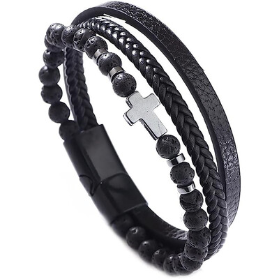 Brățară din piele vintage cu mai multe straturi Brățară cu mărgele de piatră de ochi de tigru pentru bărbați punk încrucișat, bijuterii.